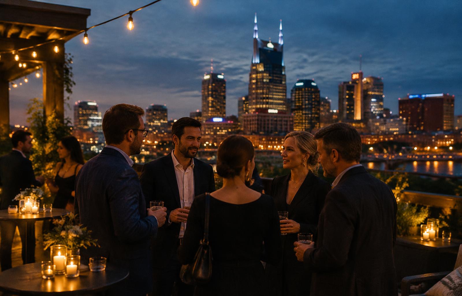 Guests in conversation on a rooftop terrace as the Nashville skyline lights up at dusk